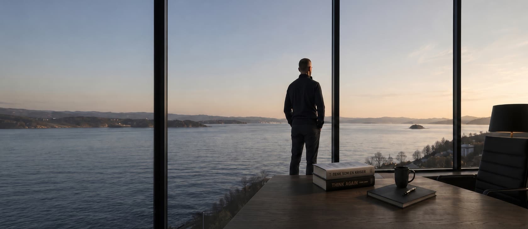 En mann står med ryggen til ved et vindu med utsikt over Oslofjorden i tidlig morgenlys.